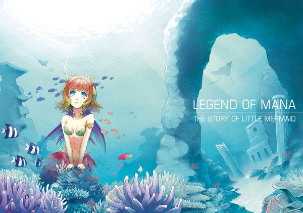 Anime picture 1511x1061 with legend of mana flameshe short hair blue eyes multicolored hair inscription midriff underwater ruins navel bubble (bubbles) fish (fishes) pillar column mermaid algae fin (fins)