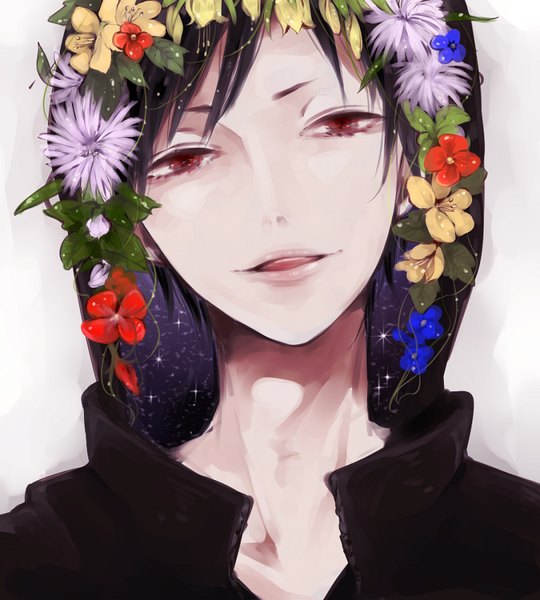 Anime picture 765x850 with durarara!! brains base (studio) orihara izaya kuro mask single tall image looking at viewer short hair black hair simple background smile red eyes white background upper body parted lips head tilt hair flower lips boy flower (flowers)
