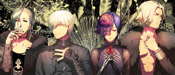 Anime picture 1600x690 with tokyo ghoul studio pierrot kaneki ken kirishima touka uta (tokyo kushu) yomo renji sine-eang looking at viewer fringe short hair smile hair between eyes red eyes wide image holding looking away purple hair upper body white hair nail polish