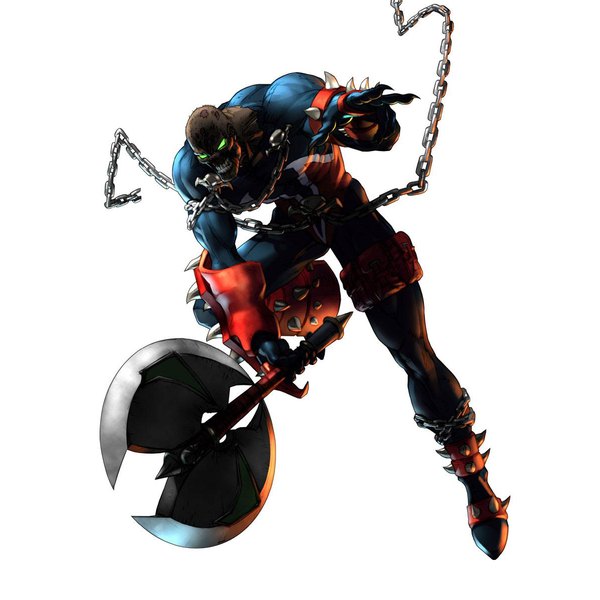 Anime picture 1200x1200 with spawn soulcalibur soulcalibur ii spawn (spawn) kawano takuji single looking at viewer simple background white background holding green eyes full body teeth bald boy weapon chain bodysuit claws axe