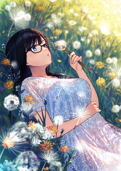 Anime picture 636x900 with original unowen single long hair tall image blue eyes black hair holding looking away outdoors lying mole on back mole under eye girl dress flower (flowers) glasses white dress lace