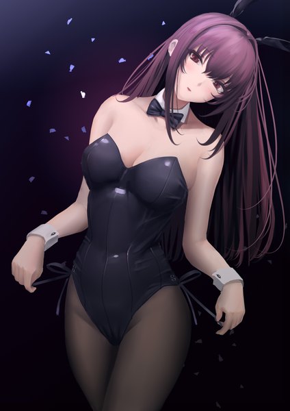 Anime picture 2480x3507 with fate (series) fate/grand order scathach (fate) (all) scathach (fate) snipercat single long hair tall image looking at viewer blush fringe highres breasts open mouth light erotic simple background hair between eyes red eyes standing bare shoulders
