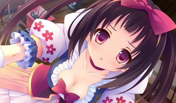 Anime picture 1024x600 with koisuru doll to omoi no kiseki komakuri amane single long hair looking at viewer black hair wide image twintails brown eyes game cg cleavage girl dress bow hair bow