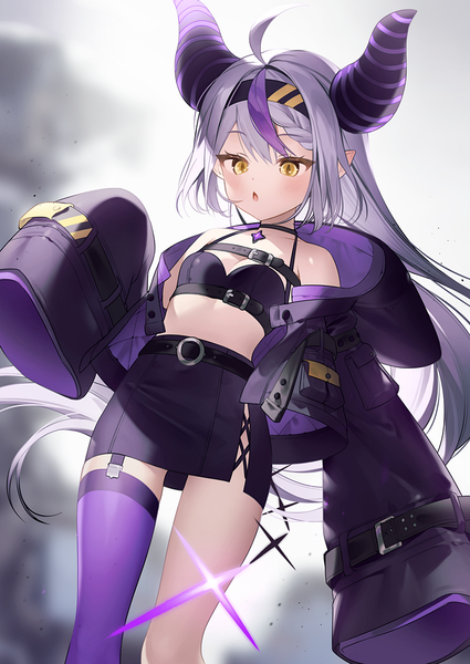 Anime picture 800x1130 with virtual youtuber hololive la+ darknesss mannermana single tall image blush fringe light erotic hair between eyes yellow eyes silver hair ahoge long sleeves very long hair multicolored hair horn (horns) pointy ears streaked hair looking down