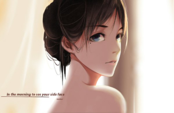 Anime picture 1461x954 with original qingchen single short hair blue eyes black hair bare shoulders signed looking back inscription girl
