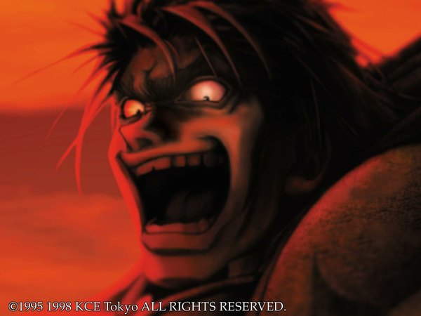 Anime picture 1024x768 with genso suikoden 2 luca blight tokiwa hina single short hair open mouth black hair red background laughing boy