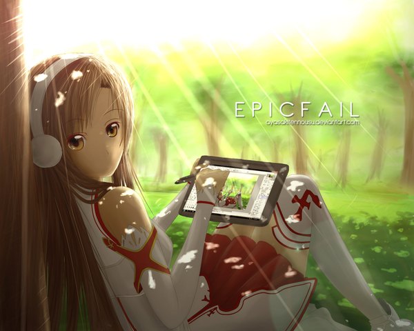 Anime picture 2000x1600 with sword art online a-1 pictures yuuki asuna riki-to single looking at viewer fringe highres breasts brown hair sitting holding brown eyes bent knee (knees) looking back sunlight shadow summer painting girl