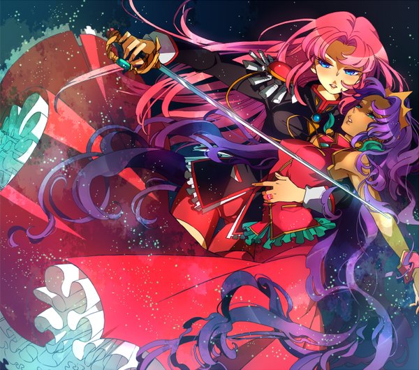 Anime picture 1300x1150 with revolutionary girl utena j.c. staff tenjou utena himemiya anthy ateka (artist) long hair blue eyes multiple girls green eyes pink hair purple hair night sleeveless dark skin girl dress weapon 2 girls sword tiara