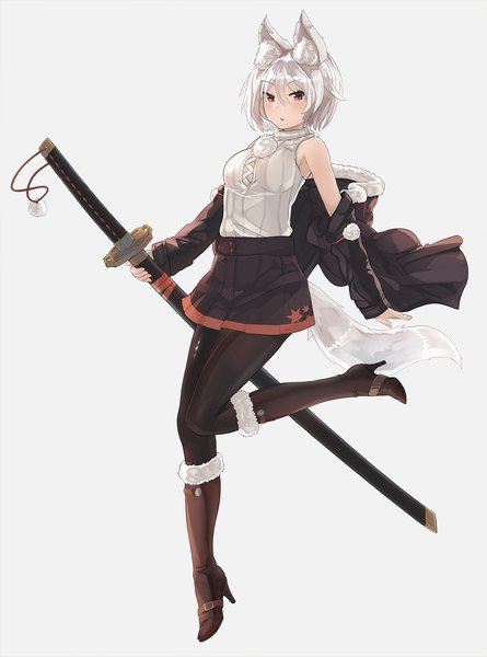 Anime picture 1637x2207 with touhou inubashiri momiji ehrrr single tall image looking at viewer fringe short hair simple background hair between eyes red eyes standing white background holding signed animal ears full body bent knee (knees) white hair tail