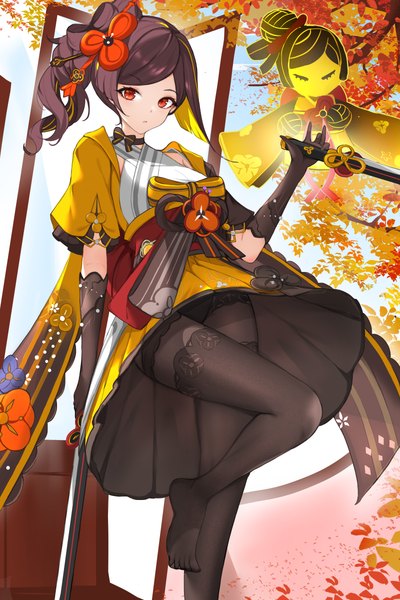 Anime picture 4000x6000 with genshin impact chiori (genshin impact) rem mie single long hair tall image looking at viewer highres light erotic red eyes brown hair standing absurdres multicolored hair no shoes side ponytail standing on one leg colored inner hair autumn girl