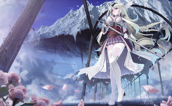 Anime picture 2300x1421 with original okingjo single long hair blush highres breasts light erotic blonde hair wide image large breasts standing purple eyes looking away sky cloud (clouds) pleated skirt from below mountain angel wings