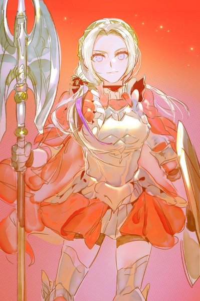 Anime picture 1362x2048 with fire emblem fire emblem: three houses fire emblem warriors: three hopes nintendo edelgard von hresvelg gapamopa single long hair tall image looking at viewer simple background smile standing holding white hair gradient background girl weapon armor shield
