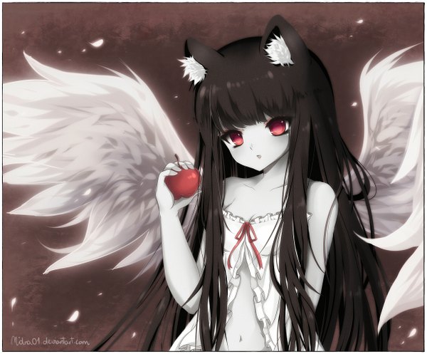 Anime picture 2466x2043 with original midna01 single long hair looking at viewer fringe highres black hair simple background red eyes bare shoulders animal ears cat ears bare belly pale skin angel wings white wings brown background girl navel