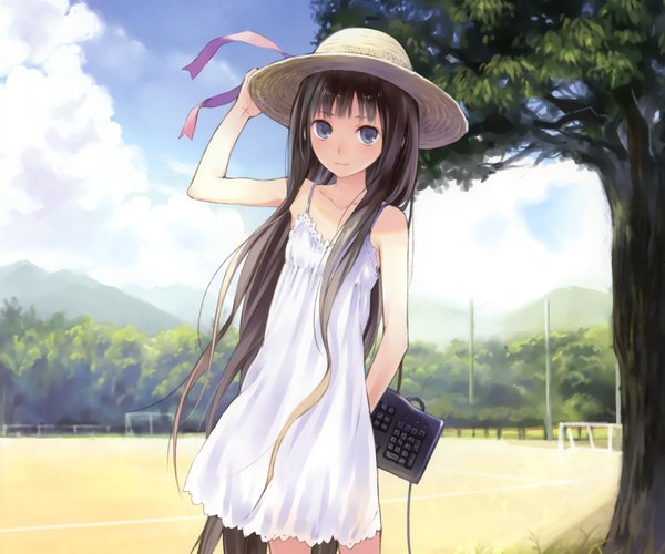 Anime picture 2438x2032 with kamisama no memochou shionji yuuko (alice) kishida mel single long hair looking at viewer blush highres blue eyes black hair smile bare shoulders sky cloud (clouds) arm behind back adjusting hat girl dress plant (plants) hat