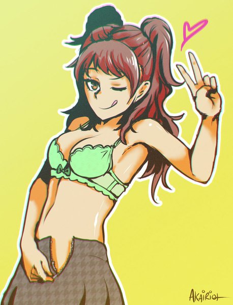 Anime picture 765x1003 with persona 4 persona kujikawa rise akairiot single long hair tall image looking at viewer fringe breasts light erotic simple background smile brown hair brown eyes one eye closed wink victory undressing yellow background