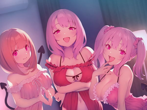 Anime picture 2800x2100 with original pokachu long hair looking at viewer blush highres short hair breasts open mouth light erotic smile large breasts standing twintails multiple girls pink hair red hair indoors tail :d