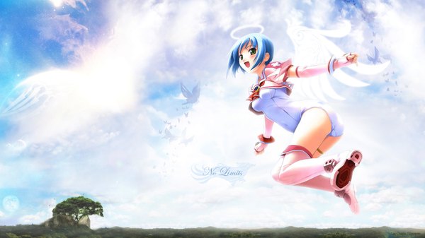 Anime picture 1920x1080 with makai tenshi djibril manabe rika djibril (makai tenshi djibril) single blush highres short hair open mouth light erotic wide image green eyes blue hair sky cloud (clouds) flying girl thighhighs plant (plants) wings tree (trees)