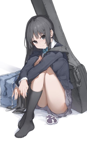 Anime picture 2134x3426 with k-on! kyoto animation akiyama mio sentter single long hair tall image looking at viewer fringe highres light erotic black hair simple background white background sitting full body bent knee (knees) blunt bangs long sleeves head tilt