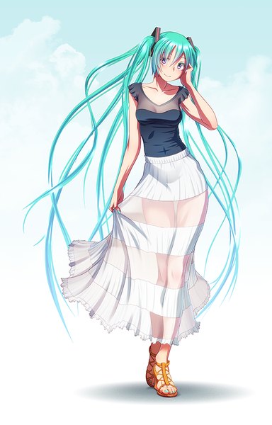 Anime picture 640x1000 with vocaloid hatsune miku wokada single tall image looking at viewer blush fringe blue eyes twintails very long hair aqua hair girl skirt transparent clothing sandals