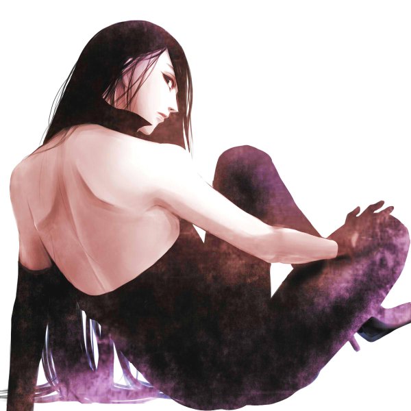 Anime picture 1200x1200 with hunter x hunter illumi zoldyck yukino (artist) single long hair looking at viewer fringe black hair sitting lips from behind black eyes arm support high heels back bare back otoko no ko boy gloves black gloves