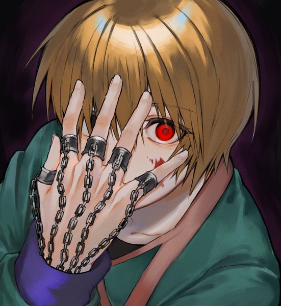 Anime picture 2209x2404 with hunter x hunter kurapica soji 777 single tall image looking at viewer fringe highres short hair simple background blonde hair hair between eyes red eyes black background hand on face blood on face boy blood chain ring