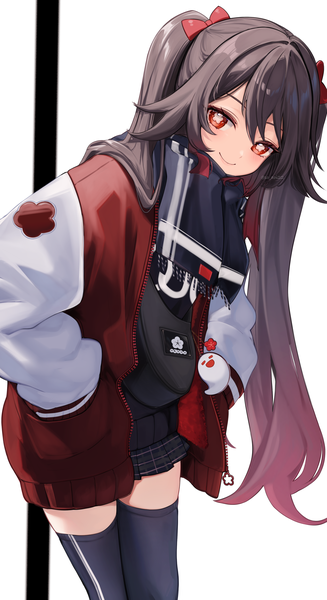 Anime picture 2160x3965 with genshin impact hu tao (genshin impact) boo tao (genshin impact) asahi (vjss4548) single long hair tall image looking at viewer fringe highres black hair simple background smile hair between eyes red eyes white background twintails open jacket leaning alternate costume