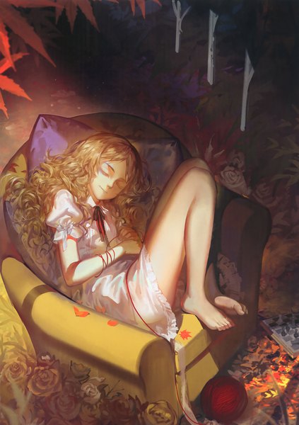 Anime picture 2326x3298 with original alphonse (white datura) single long hair tall image highres smile brown hair full body eyes closed barefoot scan official art bare legs shaded face sleeping embryo's pose girl dress flower (flowers)