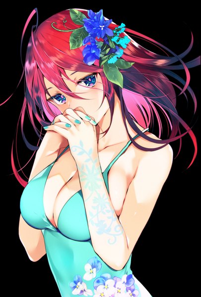 Anime-Bild 879x1300 mit original tetsubuta single long hair tall image looking at viewer blush fringe breasts blue eyes light erotic simple background hair between eyes large breasts standing bare shoulders payot cleavage upper body ahoge