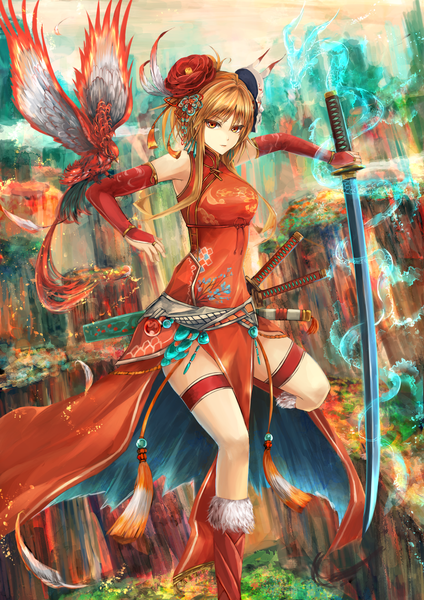 Anime picture 1158x1637 with original kaze minoru so-ru long hair tall image looking at viewer fringe red eyes brown hair standing holding payot bent knee (knees) traditional clothes hair flower standing on one leg chinese clothes side slit fantasy between legs ghost