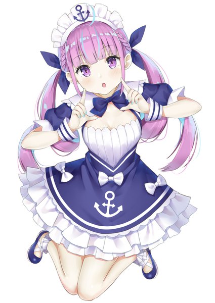 Anime picture 1062x1500 with virtual youtuber hololive minato aqua minato aqua (1st costume) fuji noyume single long hair tall image looking at viewer simple background white background purple eyes twintails payot cleavage purple hair bent knee (knees) nail polish head tilt multicolored hair