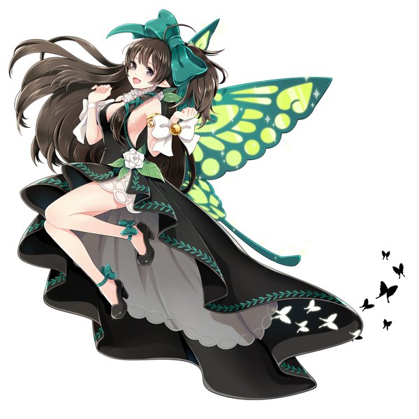 Anime picture 1800x1800 with original millgua single long hair highres open mouth black hair simple background white background pointy ears black eyes insect wings butterfly wings girl dress bow hair bow wings