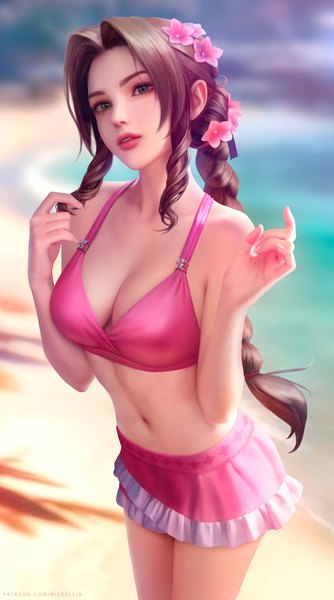 Anime-Bild 3900x7000 mit final fantasy final fantasy vii square enix aerith gainsborough aerith gainsborough (pink mermaid) wickellia single long hair tall image looking at viewer highres breasts light erotic brown hair large breasts standing signed absurdres cleavage outdoors
