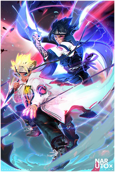 Anime picture 750x1120 with naruto studio pierrot naruto (series) uzumaki naruto uchiha sasuke rossdraws (ross tran) tall image short hair blue eyes black hair blonde hair signed full body pink eyes aqua eyes wind multiple boys teeth fang (fangs) tattoo