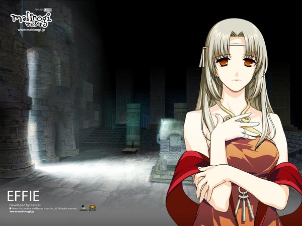 Anime picture 1280x960 with mabinogi effie (mabinogi) single long hair looking at viewer blonde hair bare shoulders brown eyes payot upper body indoors sunlight inscription copyright name hand on chest sad girl pendant sculpture