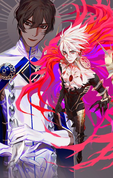 Anime picture 1099x1728 with fate (series) fate/grand order karna (fate) arjuna (fate) daeraeband tall image looking at viewer fringe short hair blue eyes hair between eyes brown hair brown eyes white hair light smile multiple boys dark skin boy gloves white gloves