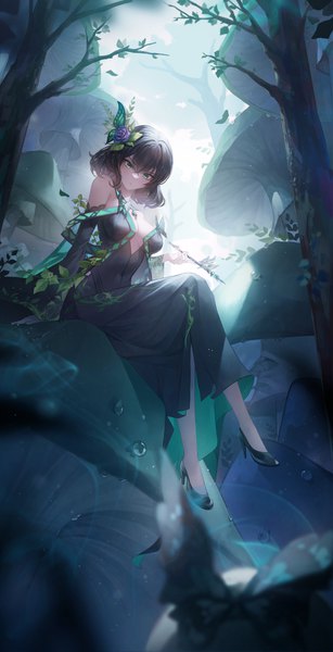 Anime picture 4000x7810 with original crystalherb single tall image looking at viewer fringe highres short hair breasts open mouth light erotic black hair hair between eyes large breasts sitting holding green eyes absurdres full body outdoors