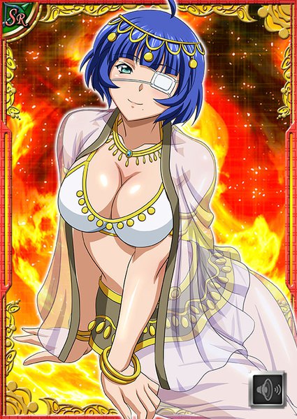 Anime picture 567x800 with ikkitousen ryomou shimei single tall image blush short hair breasts light erotic smile large breasts green eyes blue hair cleavage ahoge traditional clothes light smile mole arm support midriff card (medium)