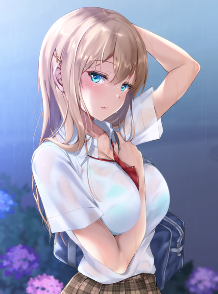 Anime picture 1900x2560 with original yuzuki tsuzuru single long hair tall image looking at viewer blush fringe highres breasts blue eyes light erotic blonde hair hair between eyes large breasts standing sky cleavage outdoors head tilt