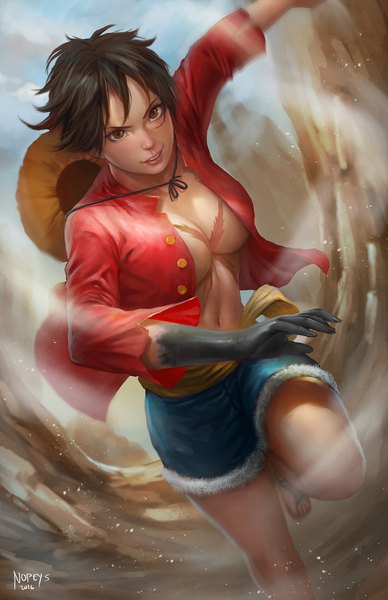Anime picture 1500x2318 with one piece toei animation monkey d. luffy nopeys single tall image short hair breasts light erotic black hair brown eyes signed realistic no bra scar hat removed running genderswap headwear removed girl