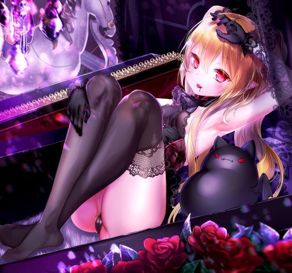 Anime picture 1280x1200 with blazblue rachel alucard didi amen long hair looking at viewer fringe light erotic blonde hair red eyes bent knee (knees) armpit (armpits) no shoes sleeveless side ponytail hand on head reclining leg lift (legs lift) hand on knee girl thighhighs