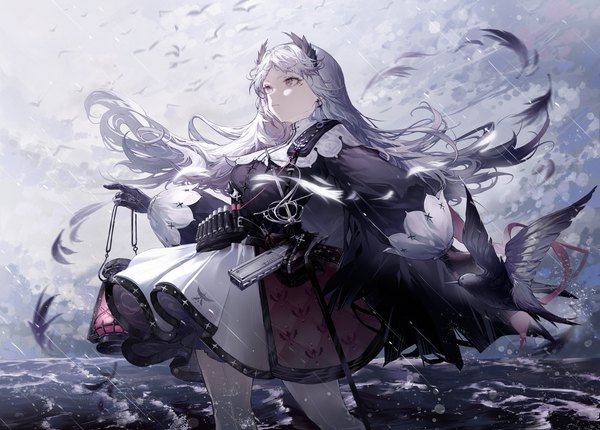 Anime picture 4682x3352 with arknights irene (arknights) ranol single long hair highres standing looking away absurdres sky silver hair cloud (clouds) horn (horns) wind grey eyes girl gloves weapon earrings animal