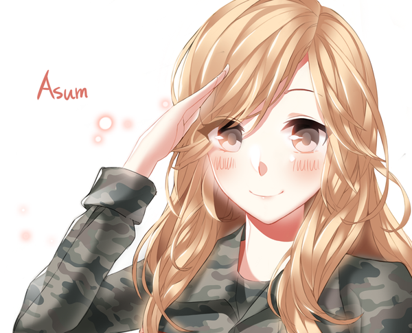Anime picture 1062x860 with asum single long hair looking at viewer blush blonde hair simple background smile white background grey eyes salute girl uniform military uniform