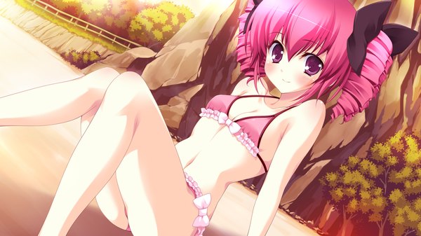 Anime picture 1920x1080 with hyper highspeed genius patricia lancaster yukiwo blush highres short hair light erotic red eyes wide image pink hair game cg drill hair girl swimsuit bikini