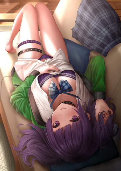 Anime picture 1032x1457 with idolmaster idolmaster shiny colors tanaka mamimi monaka curl single tall image looking at viewer blush fringe short hair breasts open mouth light erotic smile purple eyes twintails purple hair full body indoors lying