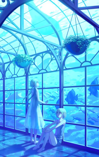 Anime picture 762x1200 with original hiko (scape) long hair tall image fringe short hair blue eyes standing sitting twintails bare shoulders multiple girls payot blue hair looking away bent knee (knees) indoors profile barefoot sunlight