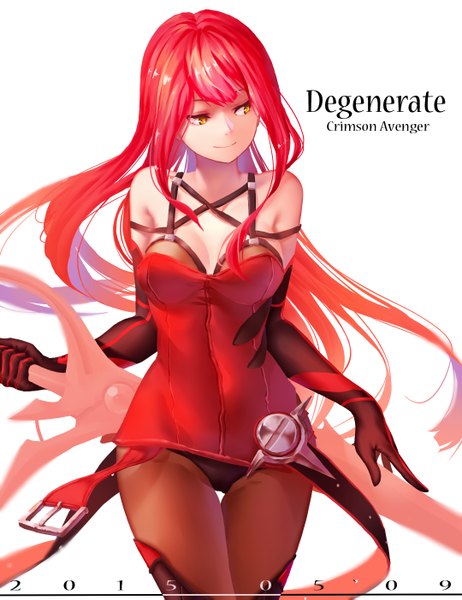 Anime picture 1080x1403 with elsword elesis (elsword) crimson avenger (elsword) de da xianyu rukousou no hana single tall image fringe light erotic simple background white background yellow eyes looking away cleavage red hair very long hair wind inscription thigh gap text