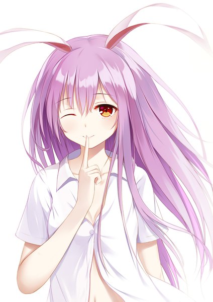 Anime picture 1240x1753 with touhou reisen udongein inaba flan (seeyouflan) single long hair tall image looking at viewer red eyes white background animal ears purple hair one eye closed wink bunny ears finger to mouth girl shirt white shirt bunnysuit