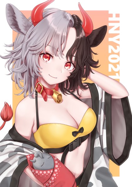Anime picture 1013x1433 with touhou ushizaki urumi torinari (dtvisu) single tall image looking at viewer blush fringe short hair breasts light erotic black hair simple background smile red eyes large breasts standing holding animal ears cleavage