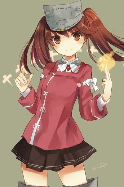 Anime picture 600x900 with kantai collection ryuujou light aircraft carrier nunucco single long hair tall image looking at viewer blush simple background smile brown hair twintails brown eyes signed pleated skirt grey background girl skirt headdress flame