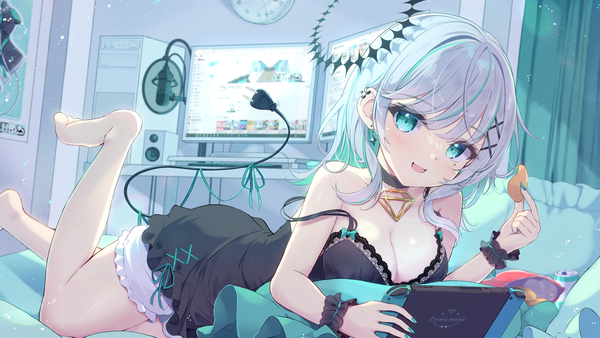 Anime picture 2100x1182 with virtual youtuber indie virtual youtuber puchiko (vtuber) mikaze oto single long hair looking at viewer blush fringe highres breasts open mouth light erotic smile wide image large breasts holding cleavage silver hair full body